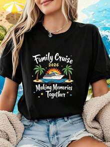 Family Crossing 2026 | Women's T-Shirt With "Making Memories Together" Letter Print, Short Sleeve, Round Neck, Casual Style For Spring/Summer, Medium Elasticity Fabric Y2Y - Women's Summer Clothing - 黑色 - 查看 6
