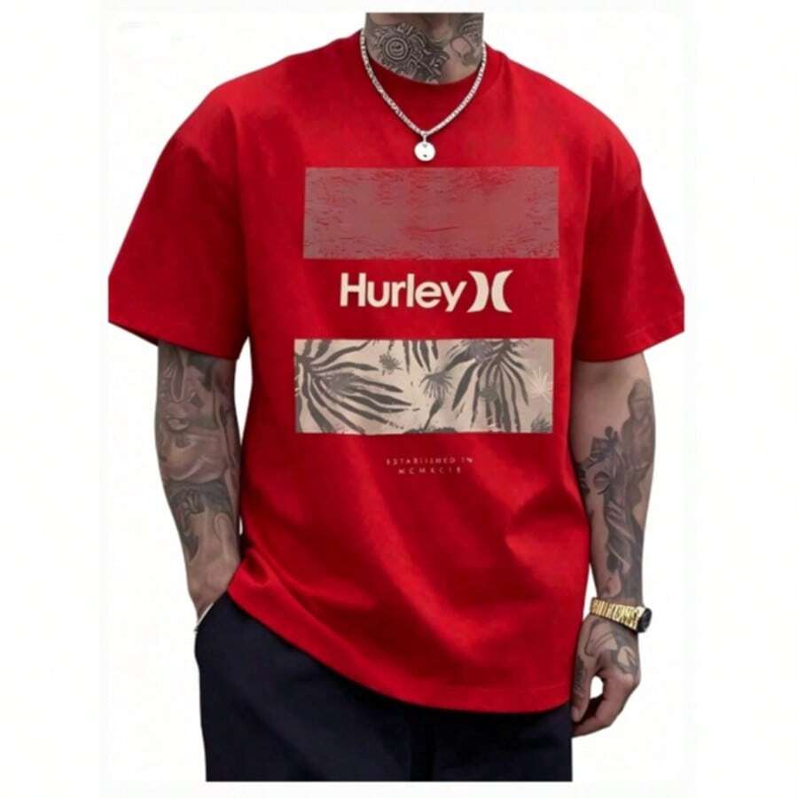 The 2026 Summer Pure Cotton T-Shirt Features A Tropical Design And The Hurley Logo, With Palm Leaf And Floral Patterns That Evoke - 紅色 - 查看 1