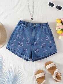 1 chiếc quần short denim màu xanh nhạt thời trang, giản dị, tối giản dành cho bé gái, kiểu dáng mới, thêu hình trái tim 3D dễ thương. - Rửa trung bình - Xem 1