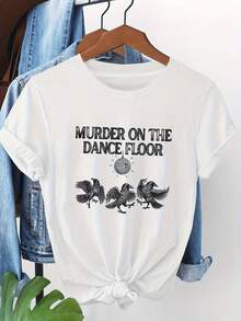 Camiseta de manga corta estampada con el estampado 'La atmósfera misteriosa del asesinato en la pista de baile'. Camiseta de cuello redondo para mujer, moderna, casual, con estampado, suave, transpirable, de color sólido. - Blanco - Ver 1