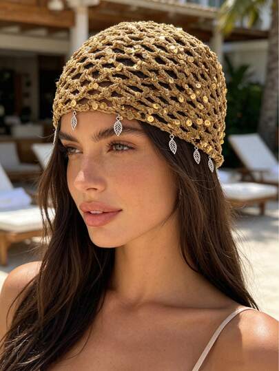 1pc Bohemian Style Hollow Crochet Sun Hat, Shiny Leaf Pendant Decor, Women Fashion Accessory For Travel & Vacation