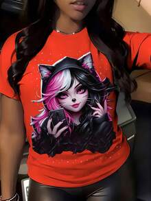 Women's T-Shirt With Anime Cat Ears Print - Short Sleeve, Round Neck, Japanese Sleeve Print, Soft And Stretchy, For Summer And Spring, Ideal For Conventions, Theme Events And Casual Wear - 紅色 - 查看 6