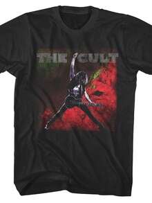 Men's Graphic T-Shirt "THE CULT" - Black, Short Sleeve, Round Neck, Vintage Rock Style, With Metallic Silver Text And A Dynamic Guitarist Design With A Flame Background, Perfect For Concerts And Casual Wear, Soft, Comfortable Fabric. - 黑色 - 查看 6
