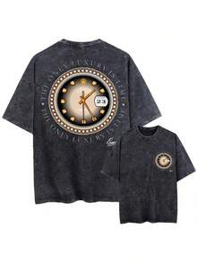 Black Vintage-Style T-Shirt, Loose Fit And Printed Design, Unisex, Combined With Luxurious Vintage 12 Phantom AJ12 Sneakers In Metallic Gold. - 白色 - 查看 1