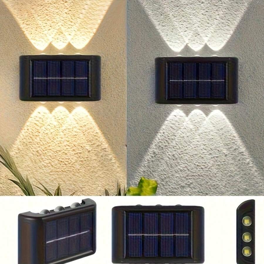 1个太阳能6LED壁灯，户外太阳能聚光灯，IP65防护等级，适用于景观庭院外墙，可安装，黄昏到黎明自动亮起，适用于户外花园墙壁和小径，暖白光和白光可选