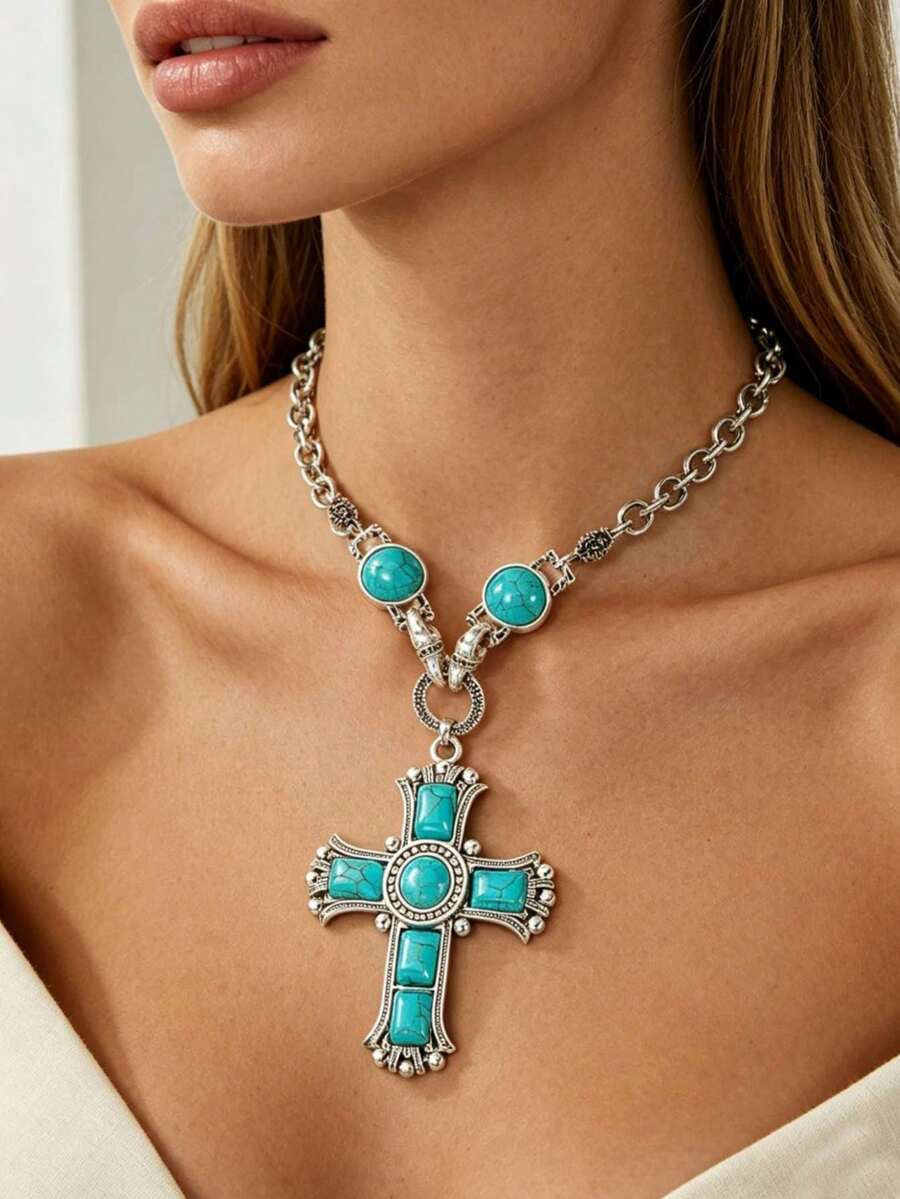 1 chiếc mặt dây chuyền hình thánh giá phong cách Bohemian đính đá ngọc lam, phụ kiện gợi cảm cho tiệc tùng, đi biển, kỳ nghỉ, trang phục thường ngày, món quà thanh lịch, làm thủ công với sai số 1-3cm. - Màu ngọc lam - Xem 1