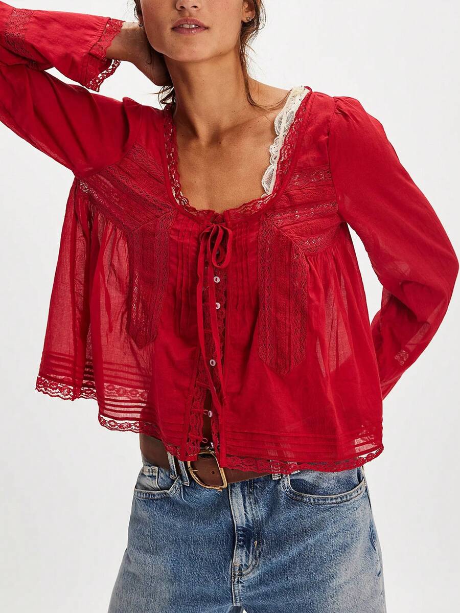 Women's Lace Trim Long Sleeve Blouse Scoop Neck Tie Front Pleated Sheer Flowy Peasant Top Victorian-Inspired Cropped Shirt with Bell Cuffs for Boho Cottagecore Styling Layering  Everyday Feminine Outfits - Rojo - Ver 1
