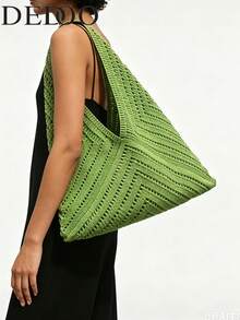Dedoo French Style Large Opening Dumpling Shaped Crochet Bag, Presenting A Hollow V-Shape (Fishbone Pattern) Rhombus Grid Design. Minimalist Vacation Style Handbag, Suitable For Summer Beach Travel, Daily Commute, Shopping, And Dates. - Green - View 3