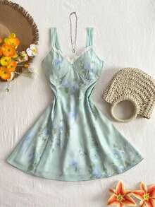 Vestido mini acampanado con estampado floral en la cintura, estilo casual de vacaciones para mujeres - Verde - Ver 3