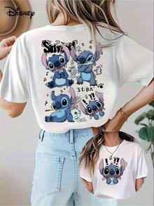 Stitch's Four Cute States Illustrations |   Dynamic Music Notes And Text Decoration, Disney Summer New Women'S Casual Fashion Printed T-Shirt - 白色 - 查看 1