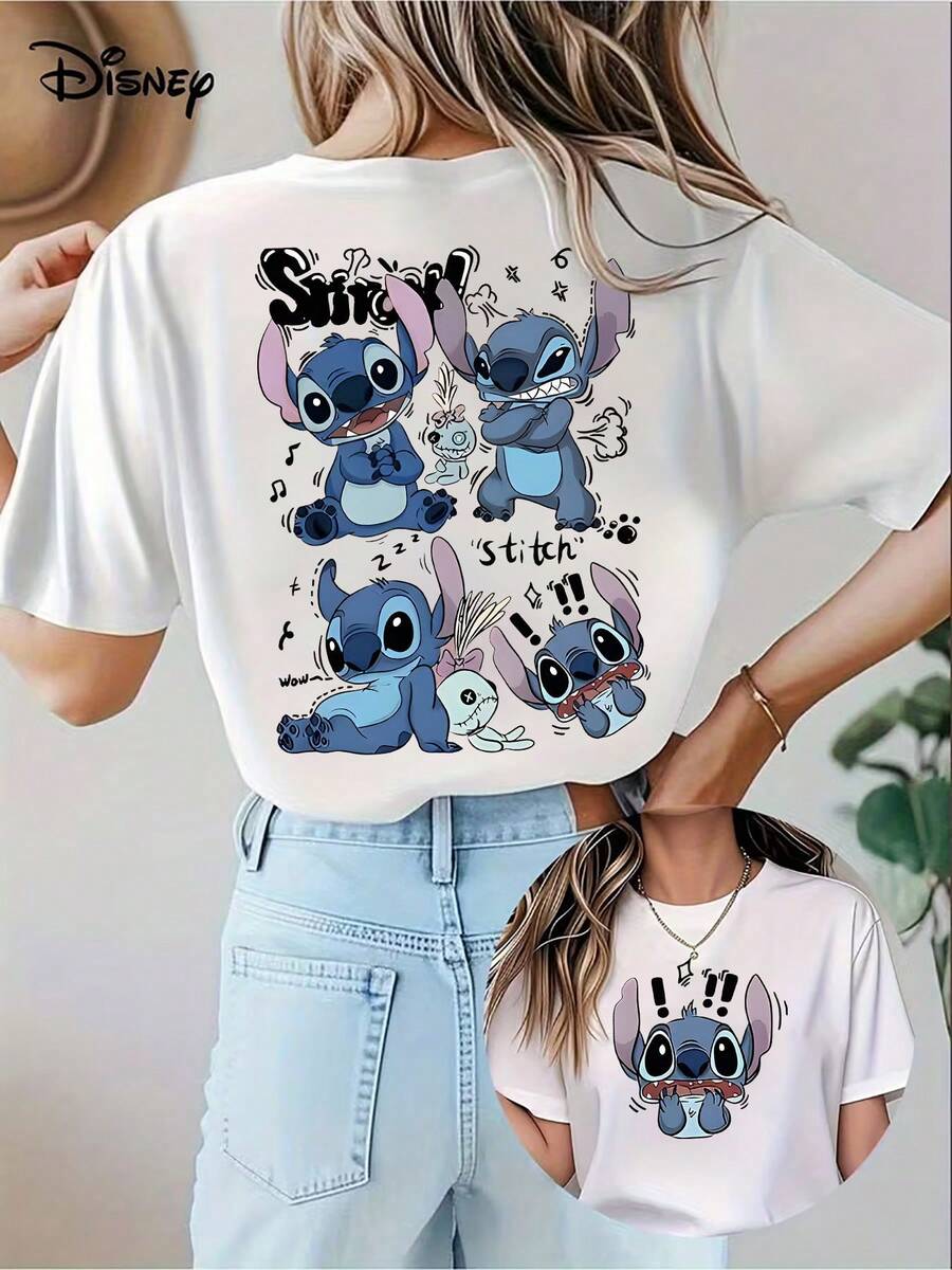 Stitch's Four Cute States Illustrations | Dynamic Music Notes And Text Decoration, Disney Summer New Women'S Casual Fashion Printed T-Shirt - 白色 - 查看 1
