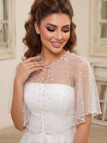 1pc Short Beaded Wedding Shawl, Bridal Cape, Wedding Party Dress Accessory, Thin Mesh Fabric - Milky White - I - View 3