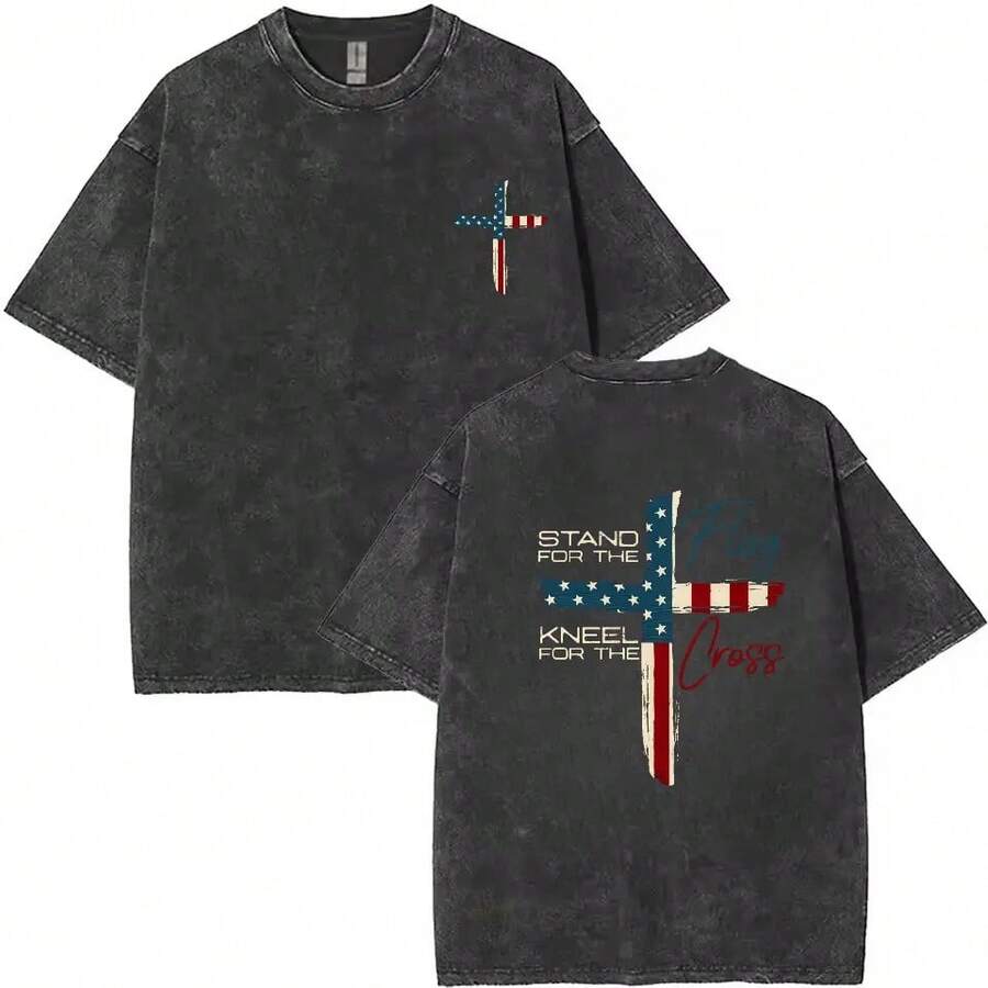 Camiseta de Fe Cristiana Patriótica – Defiende la Bandera, Arrodíllate por la Cruz, Camiseta Religiosa |   Camiseta de diseño de cruz de orgullo americano para hombres |   Ropa de algodón cristiana conservadora - Blanco - Ver 1