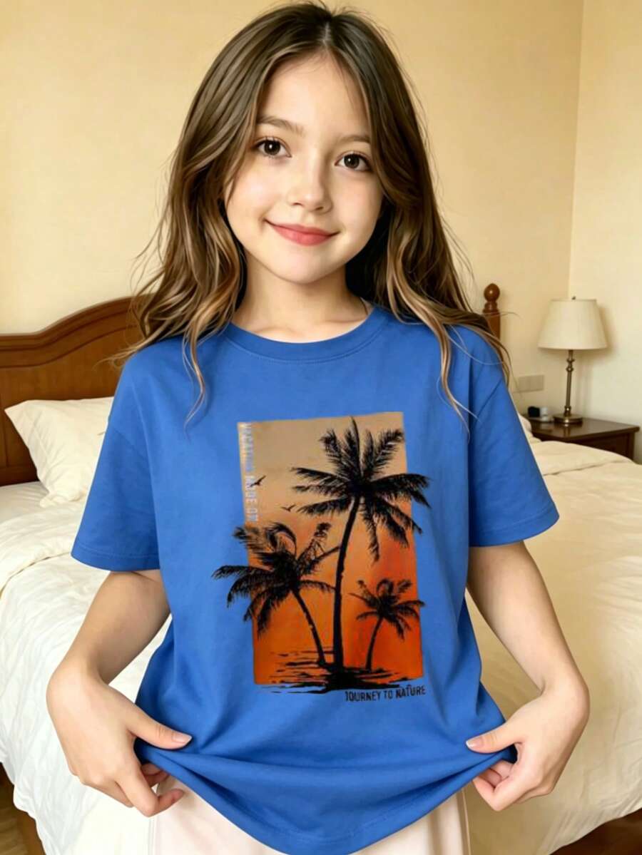 Palm Trees Sunset Silhouette Beach Printed T-Shirt For Kids - Blue - View 1
