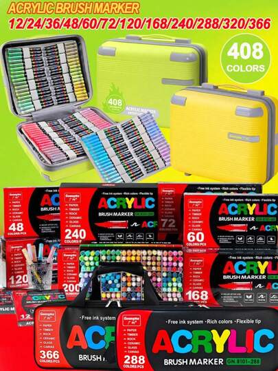 408/366/288/240/168/120/72/48/36/24/12 Colors Soft Bristle Acrylic Paint Markers, Painting Art Supplies Felt Tip Pen Set, Free Flowing Ink System, Rich Colors, Clear Coloring Pages, Blendable, High Coverage, Flexible & Versatile Tip, Ideal For Mysterious Coloring, Back To School Gifts, Canvas Shoes, T-Shirt Design And Other Smooth Surface Decoration