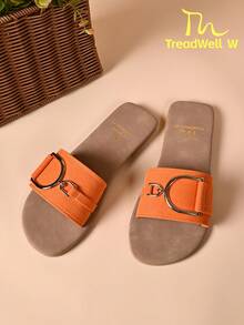 Women's Summer Metal Buckle Flat Sandals, Versatile Minimalist Lightweight Comfortable Open Toe Slippers Beach Shoes - Orange - View 8