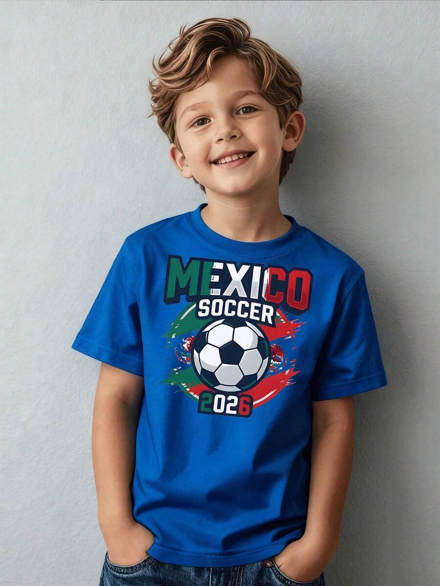Mexico Football 2026 Graphic Soccer Jersey For Boys, Casual Sportswear, Children's Clothing For Ages 5-13, Everyday Outfit - 藍色 - 查看 1