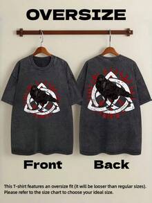Loose Black T-Shirt With Vintage Effect, Unisex Clothing With Print, Three-Line Raven Symbol On Red Background, Viking Raven, Odin Rune, Viking T-Shirt, 100% Pure Cotton, Short Sleeve, Solid Color, Round Neck, Soft Style. - 黑色 - 查看 4