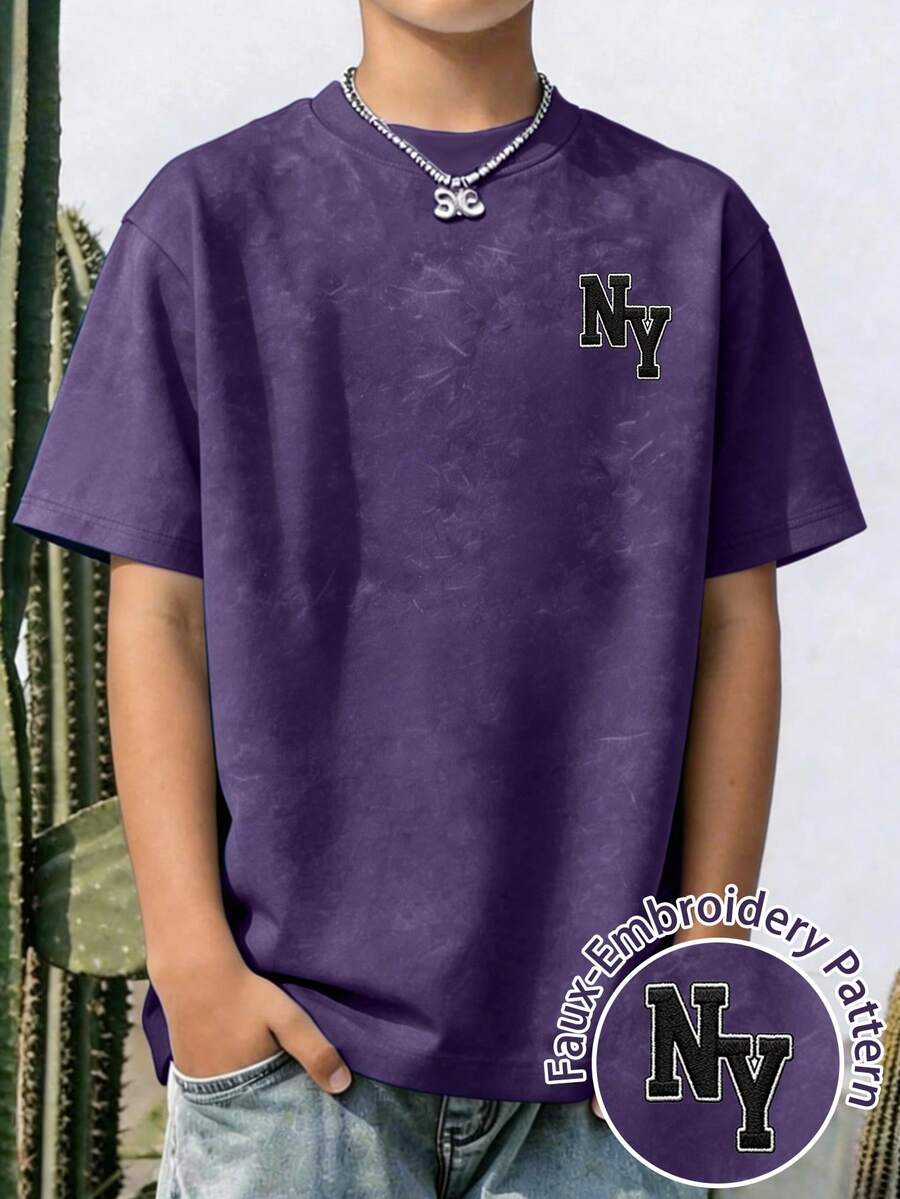 1件簡約休閒圓領短袖T恤,附"NY"刺繡圖案,夏季新款舒適上衣 - 紫色 - 查看 1