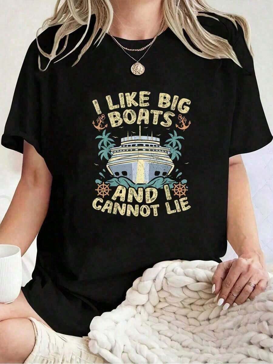 Fashion 1 Piece 100% Cotton Unisex - Retro Style T-Shirt "I Like Big Boats And I Can't Lie" - Women's Short Sleeve Crew Neck Graphic Tees, Women's Tops 230gg 100% Cotton Women's Simple Solid Color T-Shirt, Loose And Slim Fit Casual Short Sleeve - 黑色 - 查看 1