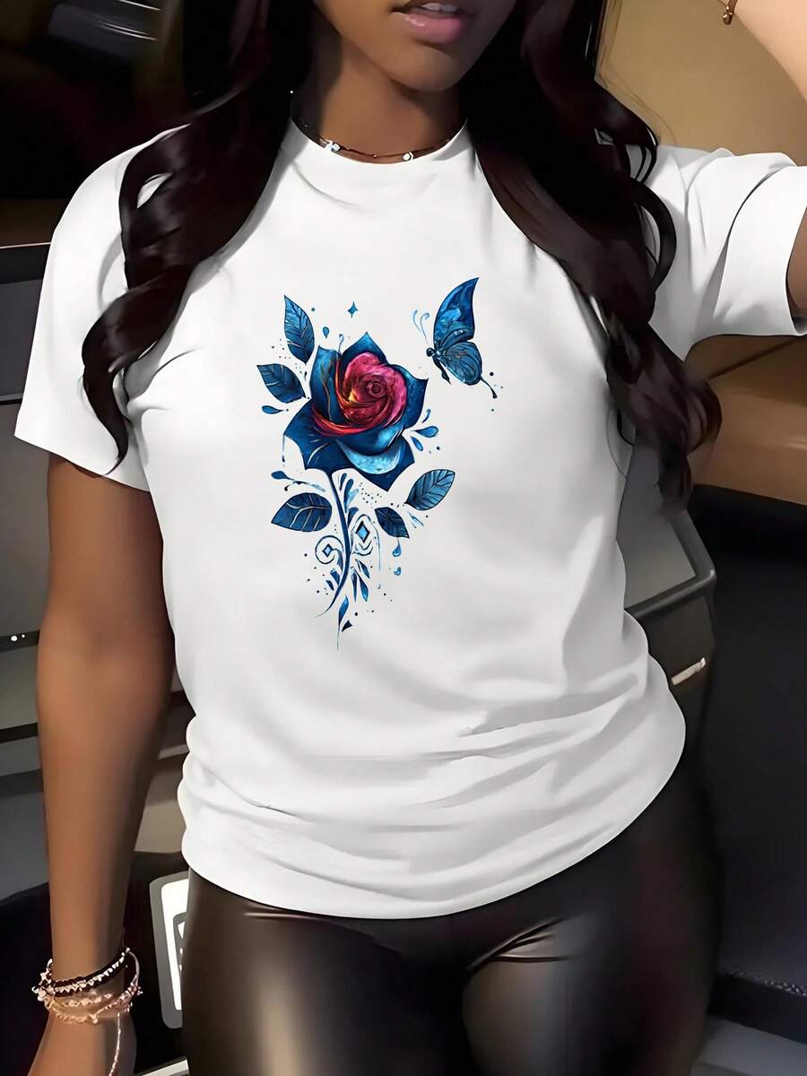 Women's Casual Short-Sleeved Round Neck T-Shirt, Adorned With A Rose And Butterfly Design, Made Of Soft And Breathable Material, Machine Washable, Suitable For All Seasons, Versatile Top, Comfortable And Loose Fit, Lightweight T-Shirt. - 白色 - 查看 1