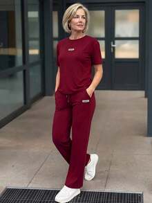 Conjunto de top de manga corta de cuello redondo y pantalones para uso diario casual para mujeres de edad media y mayores - Burdeos - Ver 3