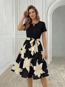 Vestido casual de vacaciones con estampado floral de patchwork y pliegues para mujeres de edad media y mayores - Multicolor - Ver 5