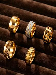 5pcs Fashionable Gothic Stainless Steel Ring Set For Men, Includes Roman Letter & Twisted Rope Elements, Suitable For Daily Wear & Holiday Accessories - 5 Roman Numeral Rings - View 6