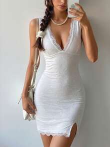Elegant Sexy Solid Color Lace Slit Bodycon Mini Dress - White - View 1