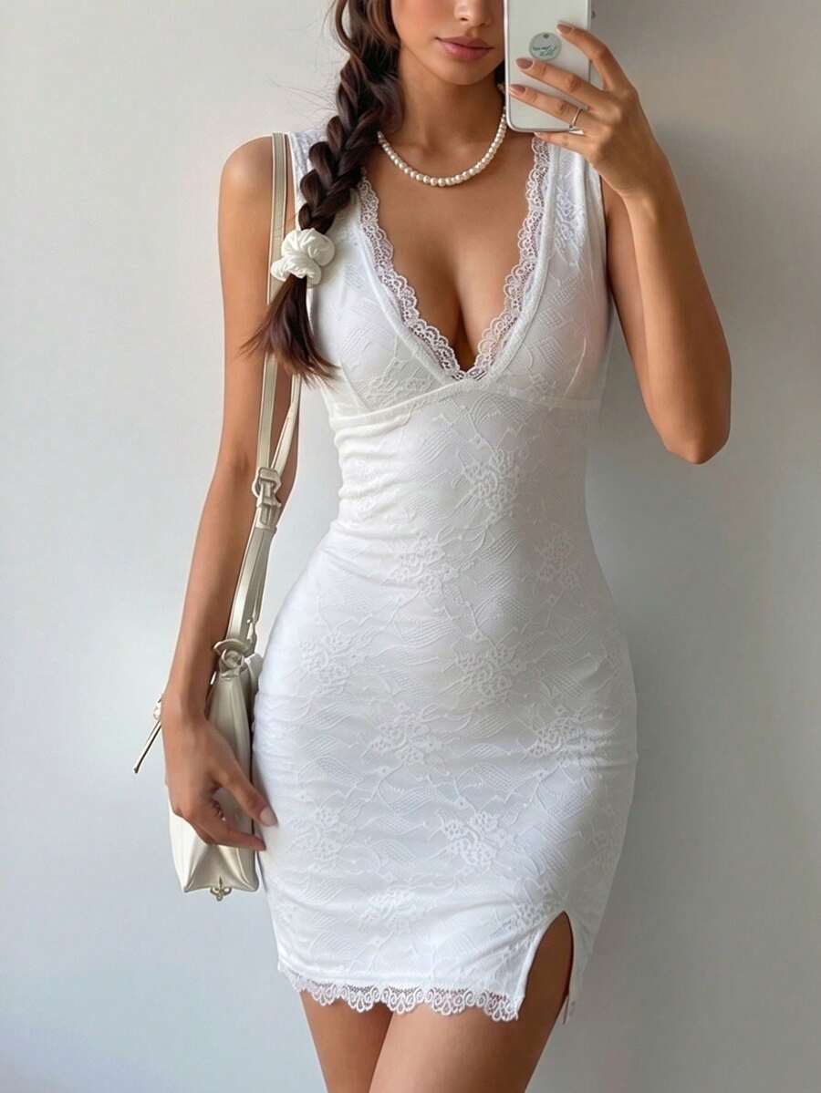 Elegant Sexy Solid Color Lace Slit Bodycon Mini Dress - White - View 1