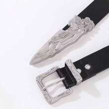 Vintage Metal Carved Belt, Suitable For Jeans, Black Leather Design Unisex Belt - Black - View 2