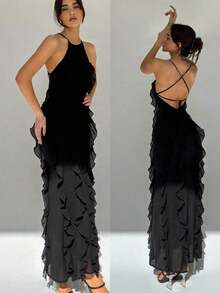 Vestido elegante sin espalda con volantes y capas, estilo de diosa grácil, adecuado para vacaciones, primavera/verano - Negro - Ver 1