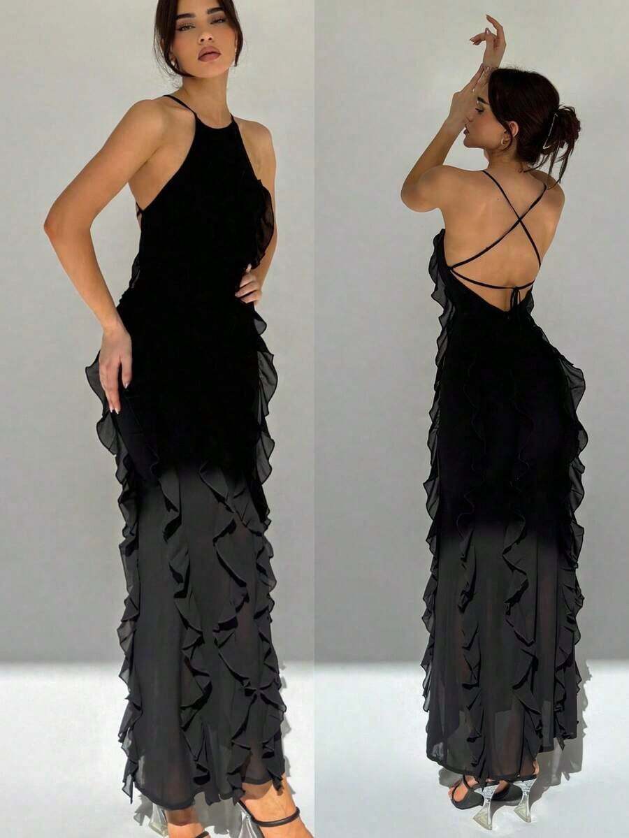 Vestido elegante sin espalda con volantes y capas, estilo de diosa grácil, adecuado para vacaciones, primavera/verano - Negro - Ver 1