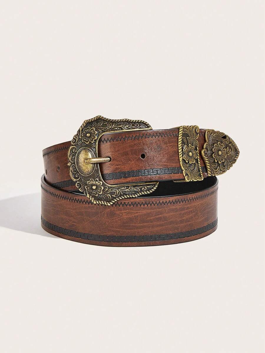 1pc Retro American Style Brown Wooden Grain Cowgirl Belt, Suitable For Jeans, Casual Pants, Daily Wear, Fashion Style, Outdoor Activities, Western Parties, Valentine's Day, Halloween, Music Festivals, Women, Mother, Gift, Birthday, Vintage, Travel, All Season, Vacation - Antique Bronze Ingot-shaped Wood Grain - View 1