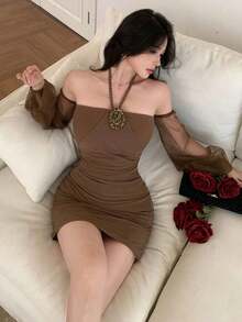 Vestido mini elegante con hombros descubiertos para mujer - Marrón - Ver 8