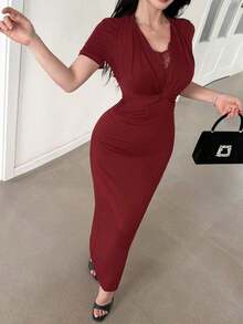 Vestido ajustado de mujer con parches de encaje romántico y elegante - Rojo - Ver 5