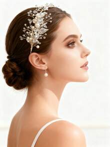 1pc Elegant Fairy Gold Tone Wire-Wrapped Crystal Pearl Leaf Bridal Headband -Wedding Hair Accessory For Brides, Bridesmaids, Balls &Special Occasions - Gold - View 5