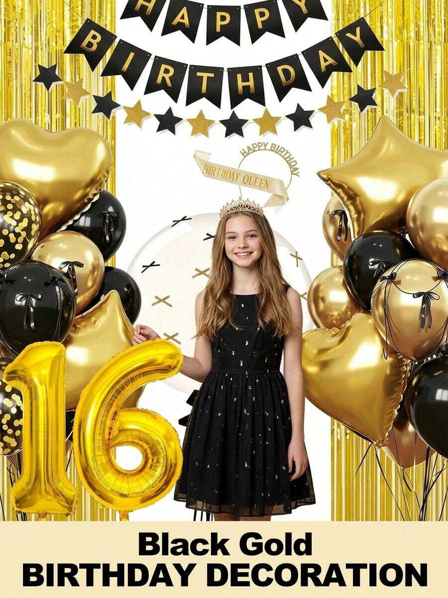 16th Birthday Black Gold Birthday Decorations For Women Girls, 57PCS Gold Black Balloons Happy Birthday Balloons Banner Heart Balloons Bow Bobo Balloons Fringe Curtains For Birthday Party Decoration Room Decor - Sinh nhật thứ 16 - Xem 1