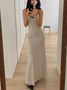 Women's Casual Sleeveless Long Dress With Contrast Trim, Summer Elegant - Apricot - View 4