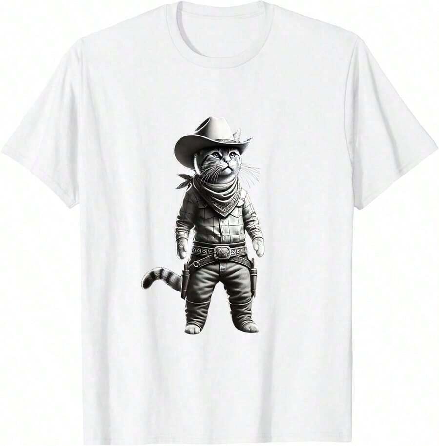 1 Pack Men's T-Shirt Meow, Buddy, Funny Cat, Cowboy, Wild West Meme Men's T-Shirt - 黑色 - 查看 1