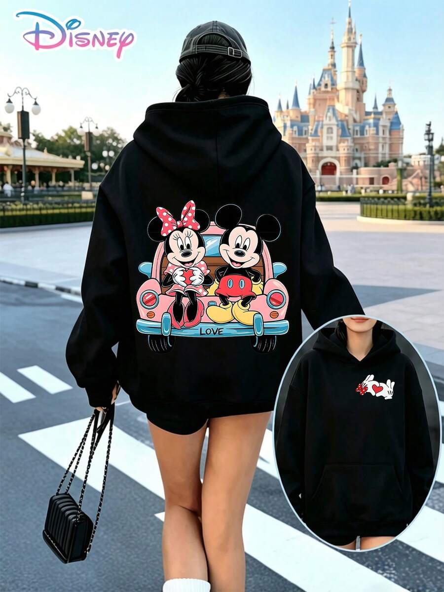 Disney Mickey & Minnie Pink Car Love Back‑Front Printed Hoodie With "Love" Slogan. A Relaxed, Casual, And Versatile Top, Perfect For Holiday Gifting. (Women's Autumn/Winter Clothing/Elegant Women's Outfits/Patterned Hoodies/Printed Tops/Casual Outfits For Disney‑Park Daily Wear) - màu đen - Xem 1