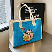 Miniso Disney Mickey Mouse & Pluto Cute Print Tote Bag, Blue Background With Pink Trim, Large Capacity, Versatile For Shopping, Commuting, School & Travel - Black - View 2