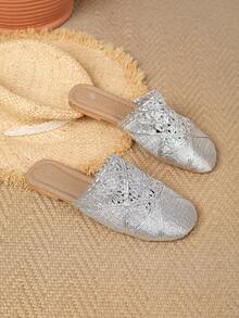 New Summer Women's Breathable Woven Round Toe Flat Slippers, Lightweight Casual Beach Sandals, Elegant & Comfortable, Suitable For Indoor & Outdoor Wear - Silver - View 2