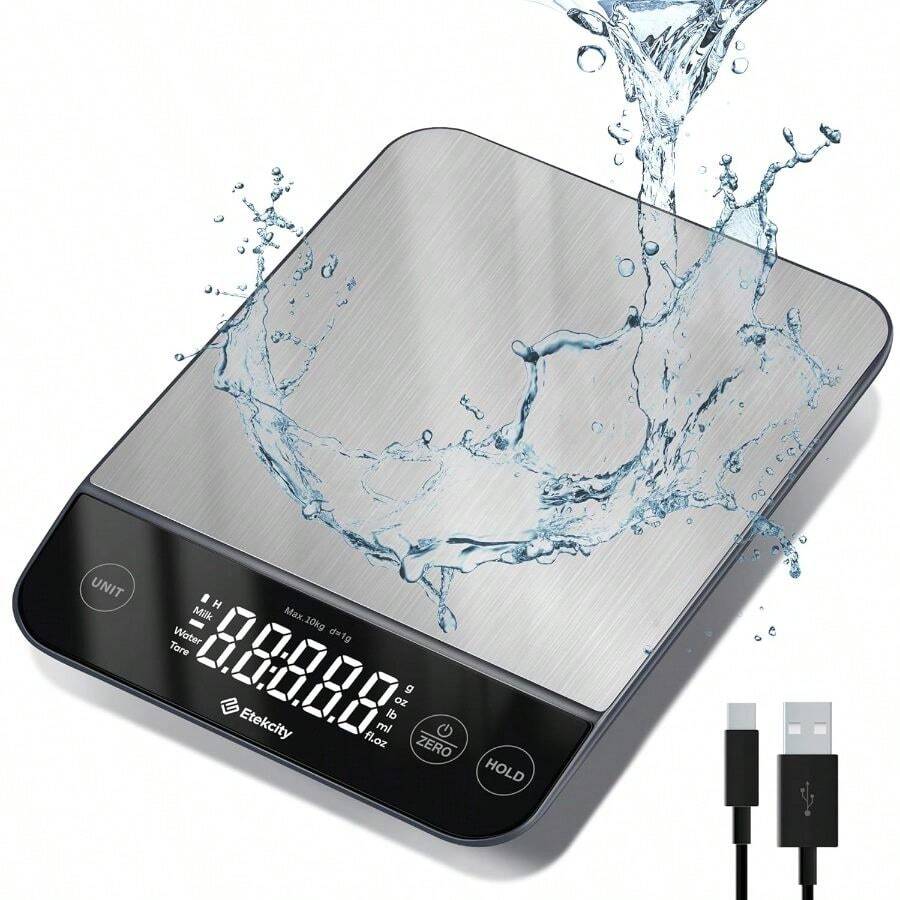 Digital Food Kitchen Scale, Grams And Oz Weight Loss, Baking And Cooking, 0.05oz/1g Precise Graduation, 5 Weight Units, IPX6 Waterproof, USB Rechargeable, 304 Stainless Steel-Silver, 22lb - 不銹鋼-銀色 - 查看 1
