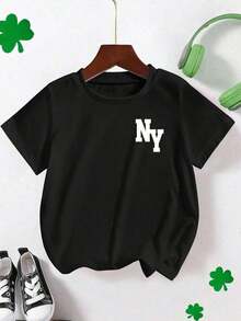 Short-Sleeved T-Shirt With Minimalist Print Of Shamrock,  Face, Checks And Lettering, Suitable For St. Patrick's Day, Spring/Summer, For Toddlers - Grey - View 4