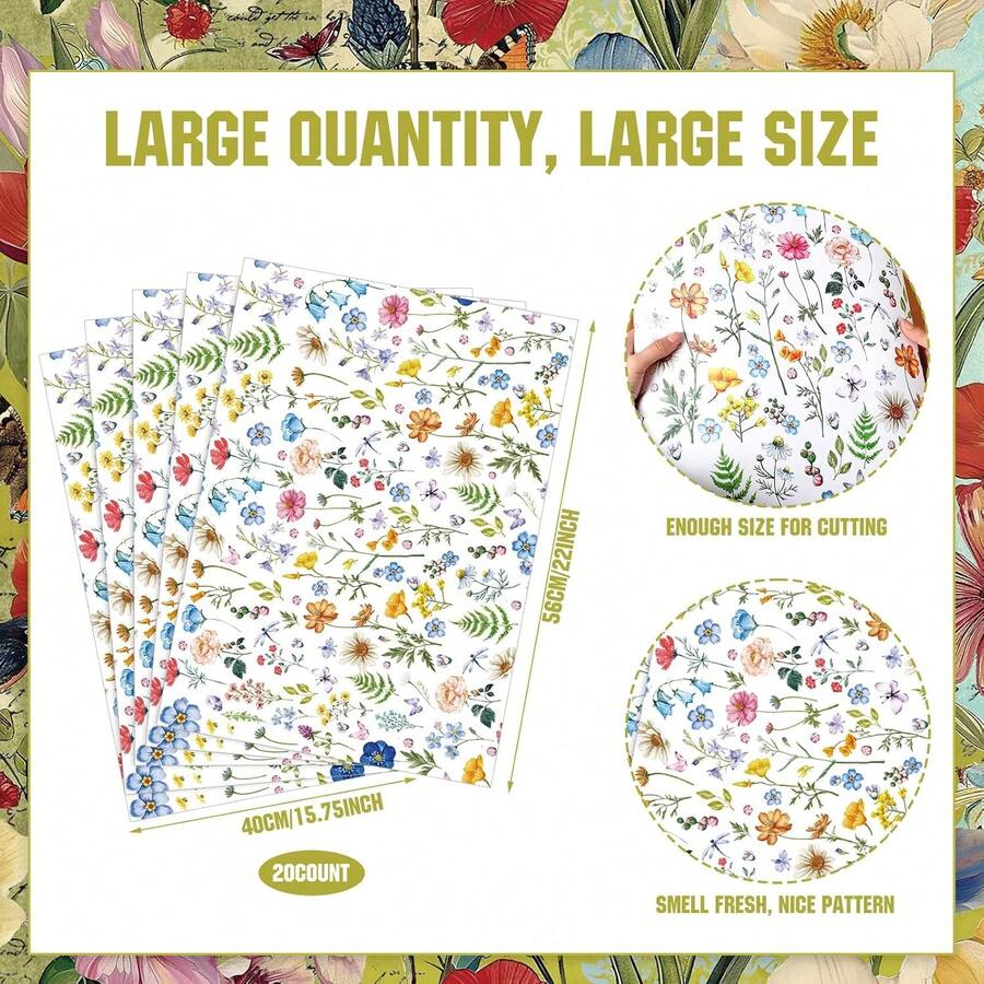 BBTO 20 Sheet Summer Wildflower Scented Drawer Liners For Dressers 15.8" X 22" Flower Fragrant Cabinet Drawer Liners Non Adhesive Floral Insect Theme Paper Mats For Home Closet Shelf - ColorI - View 1