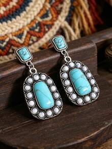 1 Pair Geometric Synthetic Turquoise Inlaid Zinc Alloy Dangle Earrings - Antique Silver - View 3