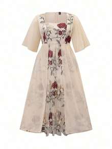 Clasi Vestido casual y elegante de primavera/verano con cuello en V y bordado floral para tallas grandes de Celure - Albaricoque - Ver 9