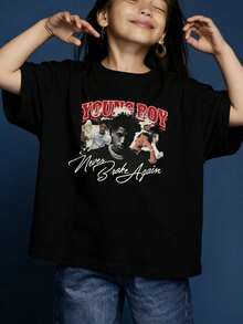 Girls' Casual Short-Sleeved T-Shirt With A Soft Round Neck And A "YoungBoy Never Broke Again" Graphic Print, Suitable For Everyday Wear. White. - 黑色 - 查看 7