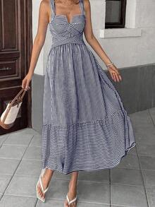 Women's Striped V-Neck Wrap Dress - White - View 4